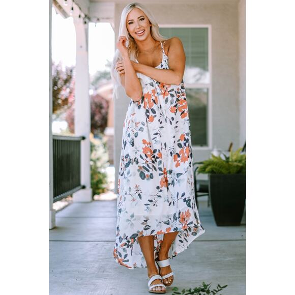 White Floral Print Spaghetti Straps Maxi Dress - Picture 6 of 12